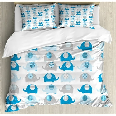 Nursery King Size Duvet Cover Set, Lovable Elephants with Abstract Designs on Their Body Chevron Lines Dots Motifs, Decorative 3 Piece Bedding Set with 2 Pillow Shams, Grey Blue, by Ambesonne