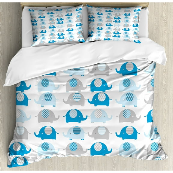 Nursery King Size Duvet Cover Set, Lovable Elephants with Abstract Designs on Their Body Chevron Lines Dots Motifs, Decorative 3 Piece Bedding Set with 2 Pillow Shams, Grey Blue, by Ambesonne