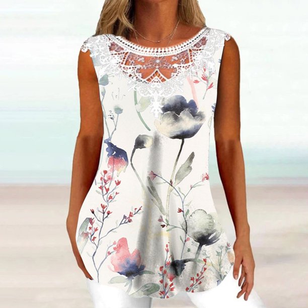 ICHUANYI Clearance Women Fashion Summer Sexy Fold Printed Regular Lace Sleeveless V Neck Button Top(White, L) ICHUANYI WER2023080801745