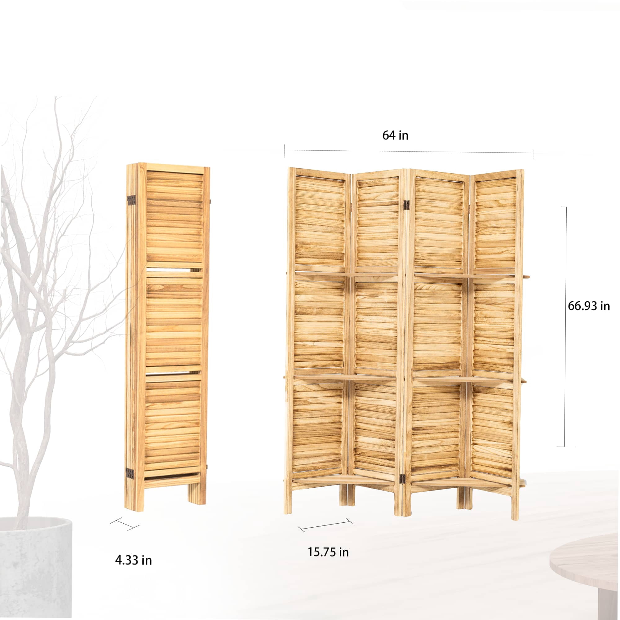 MAYEERTY 4 Panel Freestanding Wood Room Divider with Display Shelves, Natural Color