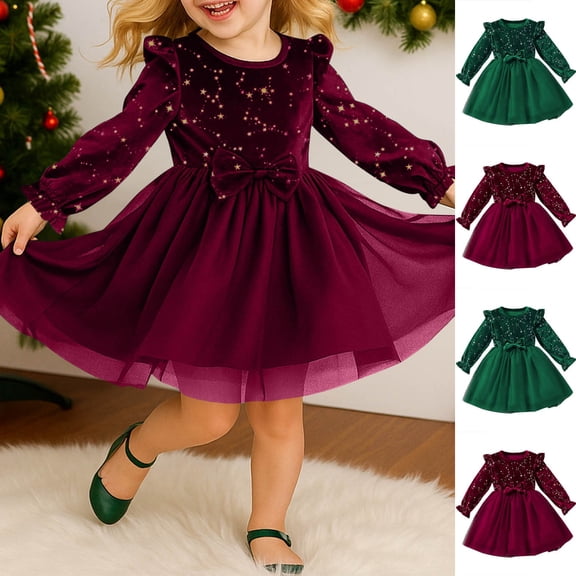 Bovxnpu Spring Girls Dresses, Girls Long Sleeve Round Neck Star Graphic Velvet Princess Dress Fall Winter Girls A-Line Sundress