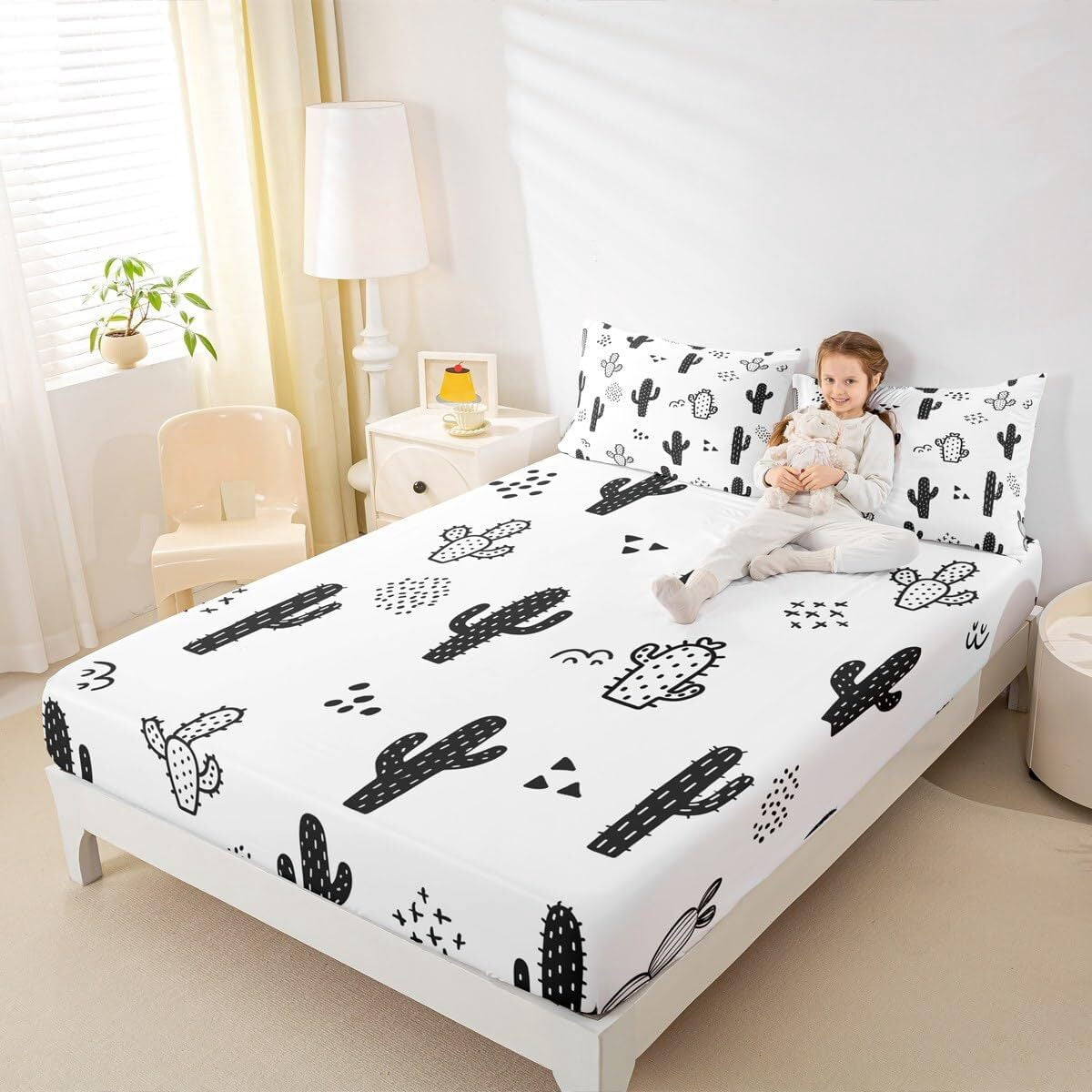 Cactus Bed Sheet Set Full Size,Cartoon Desert Plants Fitted Sheet 3pcs,Kids Boys Girls Bedroom Decor Black White Bedding Set Abstract Geometric Dot Hand Draw Bed Cover with 2 Pillowcases