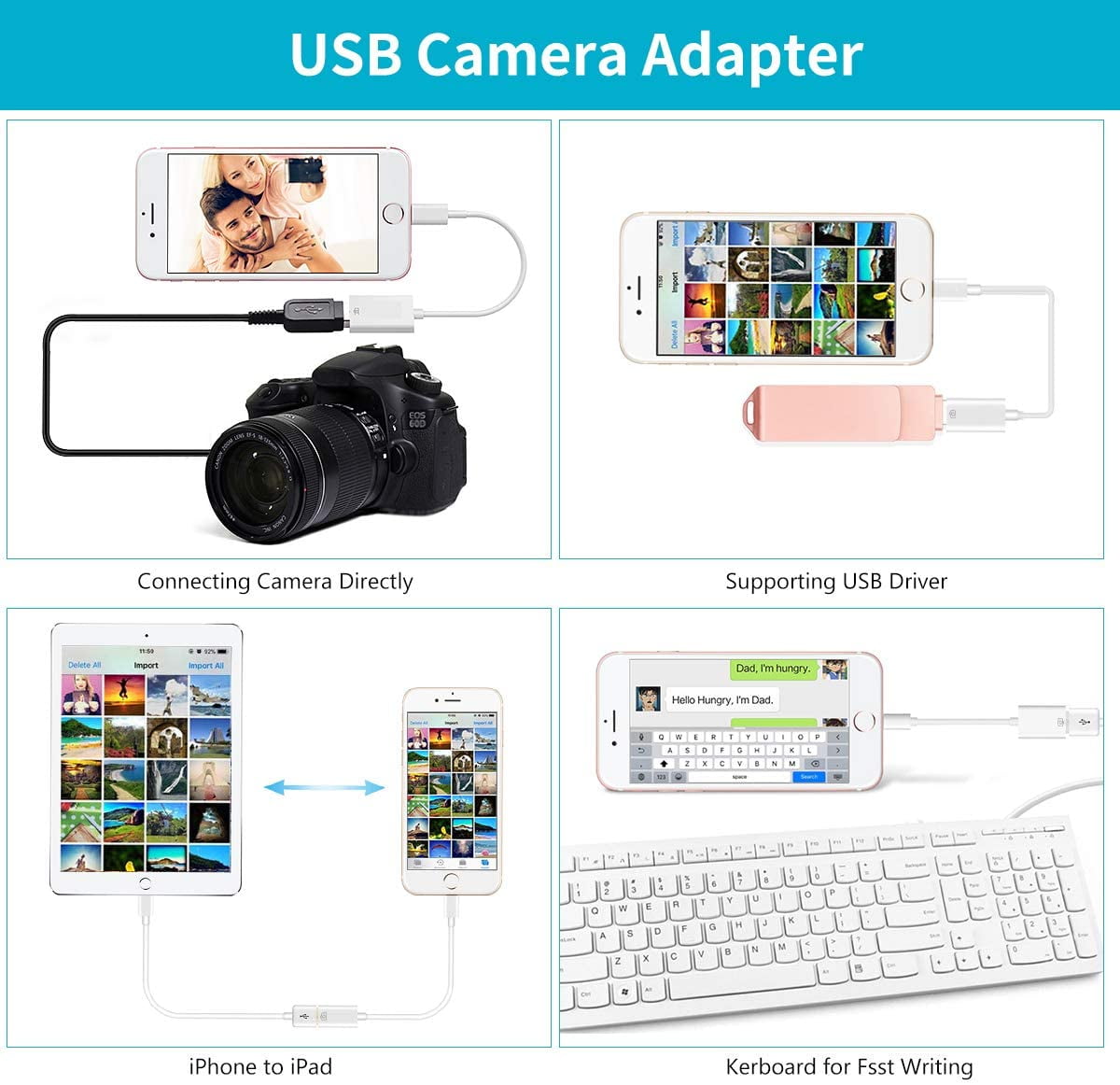 Apple Lightning to USB Camera Adapter USB 3.0 OTG Cable Adapter Compatible  with iPhone/iPad,USB Female Supports Connect Card Reader,U