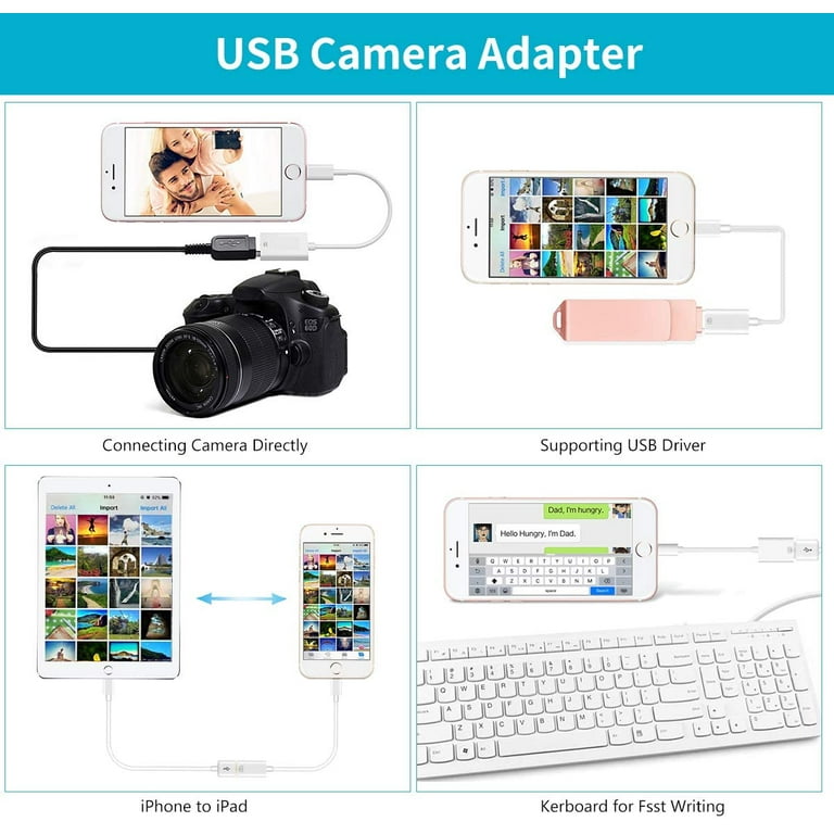 Apple Lightning USB Camera Adapter - Adaptateur iPhone USB 3.0 OTG Cable  Portable USB Flash Drive Compatible iPhone 13 12 11 X 8 7-All IOS, Plug&Play