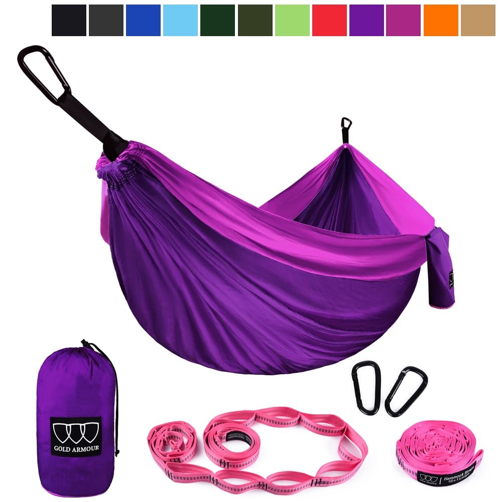Gold Armour Camping Hammock Usa Brand Lightweight Nylon Adults Kids 2 Tree Straps 32 Loops,20 ft Included Camping Accessories Gear Extra Large Double Parachute Hammock Black // Gray with Bug Net