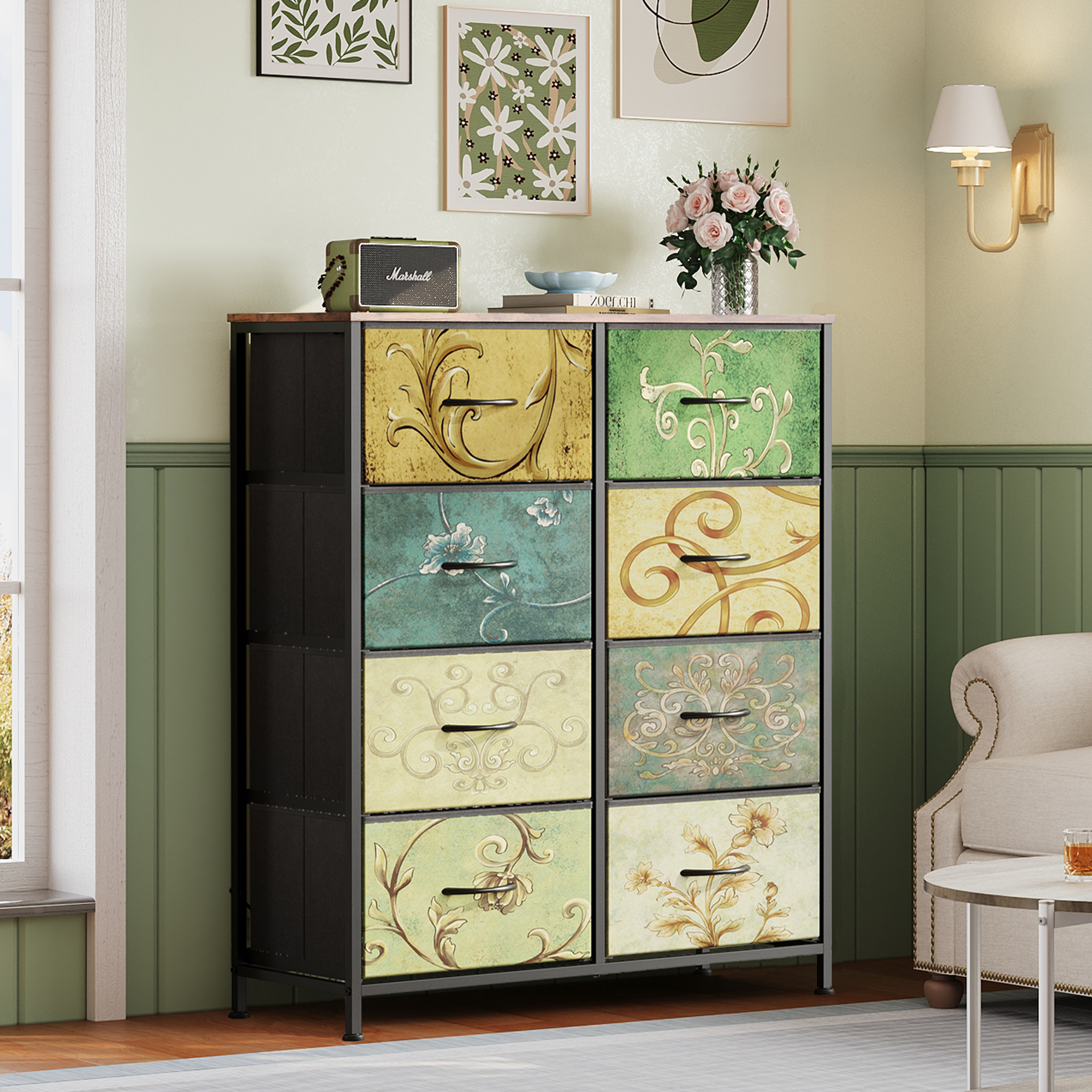 GALAXHERO 8 Drawer Fabric Dresser for Bedroom, Storage Bins Chest of Drawer for Closet, Living Room, Hallway, Floral Painted