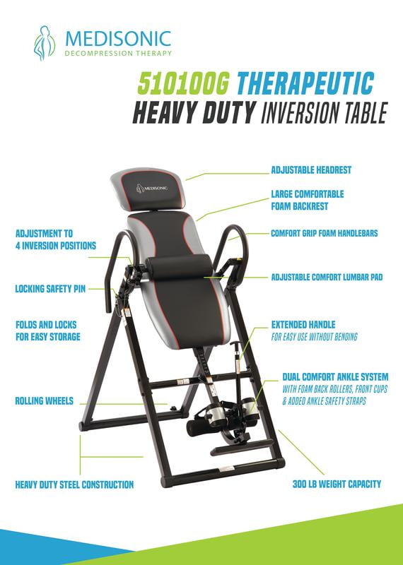 Medisonic 510100G Therapeutic Heavy Duty Steel Frame Inversion Table, 300LB Capacity