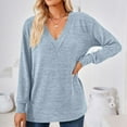 thumbnail image 3 of Women Long Sleeve Shirt V Neck Pure Color Casual Loose Women Long Sleeve T Shirt Undershirt for Home Party Work Light Blue XXL, 3 of 6