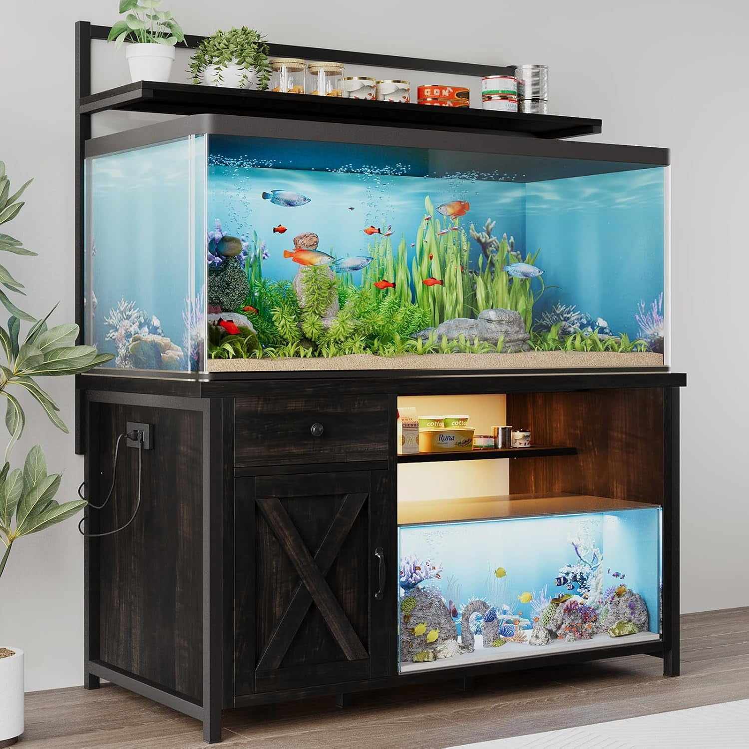 DreamCurship Fish Tank Stand with Power Outlet and Led Light, Cabinet for 55-75 Gallon Aquarium, RGB Lighting Strip Ideal for Turtle Enclosure, Supports up to 1100 Pounds, Oak