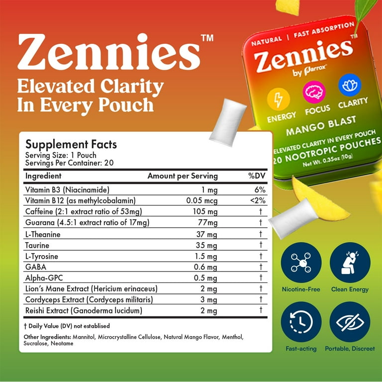 Zennies Caffeine Nootropic Pouches with Alpha GPC,L-Tyrosine & L