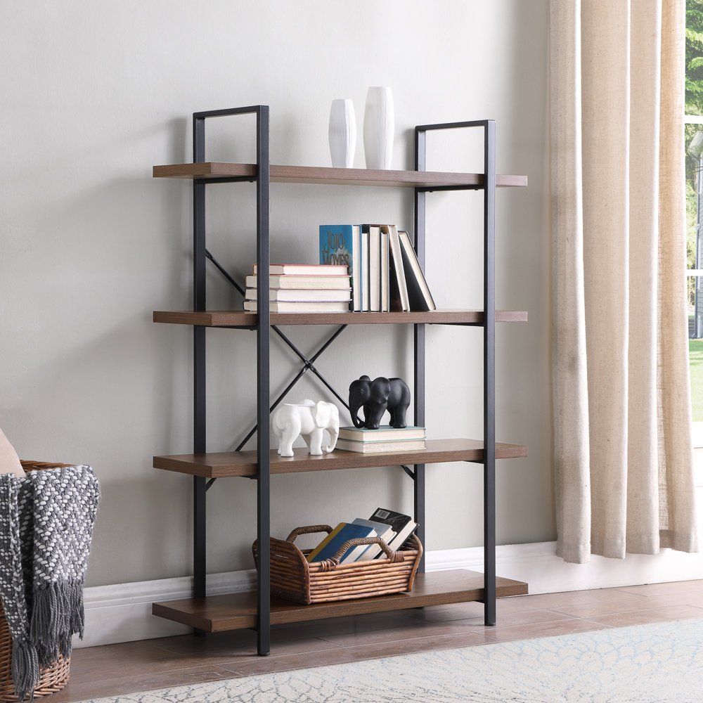 BELLEZE Industrial Bookshelf Open Wide Office Etagere Book Shelf Wood