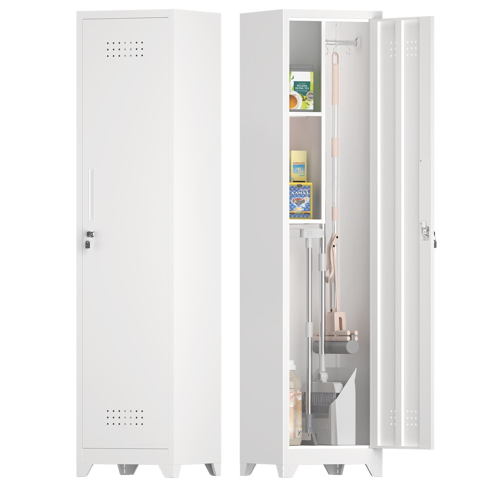 Slim Broom Storage Cabinet with Locking Door,65" Narrow Metal Cabinet with Shelves,Heavy-Duty Bathroom Storage Cabinet for Kitchen,Pantry,Office,Shop,Garage,1pcs,White