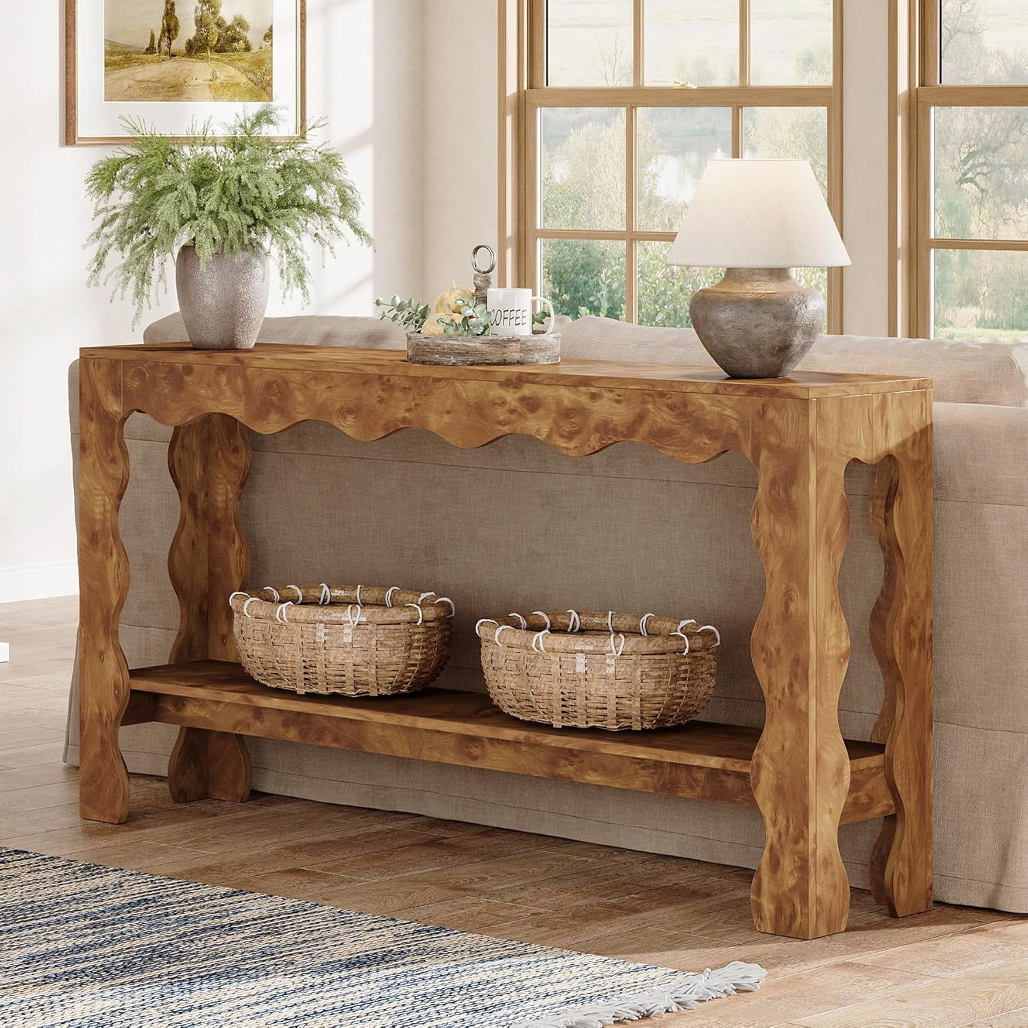 Finmind Console Table 63" Long, 2-Tier Narrow Entryway Table with Scalloped Legs, Rustic Sofa Table Behind Couch for Hallway, Living Room, Light Brown