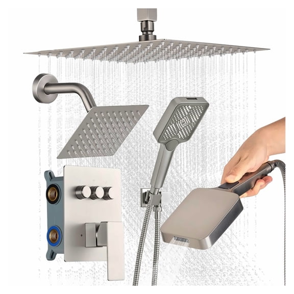 Shower Faucet Set, 12 Inch Rainfall Shower System with Handheld Spray, 3 Function Dual Rain Head, Brushed Nickel