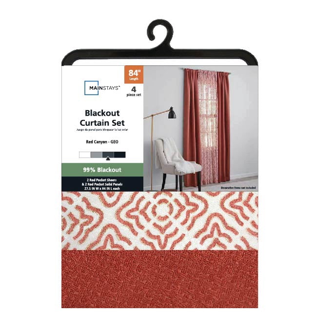 Mainstays Metallic Blackout Curtains and Sheers Set, 4 Panels, Red Canyon, 27.5" W x 84” L