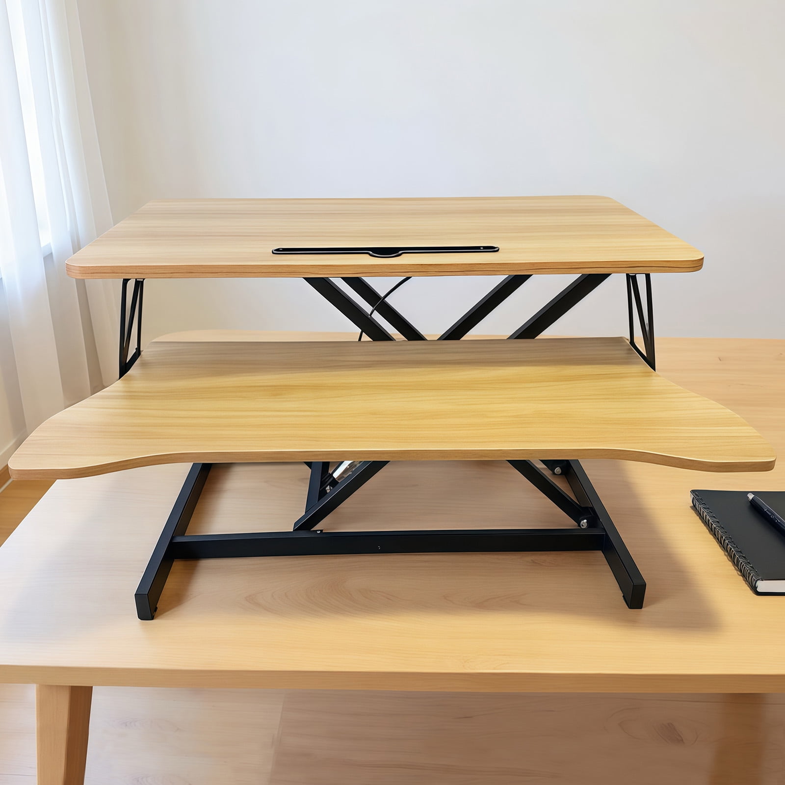 Standing Desk Converter, 32 Inch Standing Desk Adjustable Height for Table Tops and Home Office, Desk Riser Computer Workstation with Wide Keyboard Tray 2-Tier Desktop, Natural Wood
