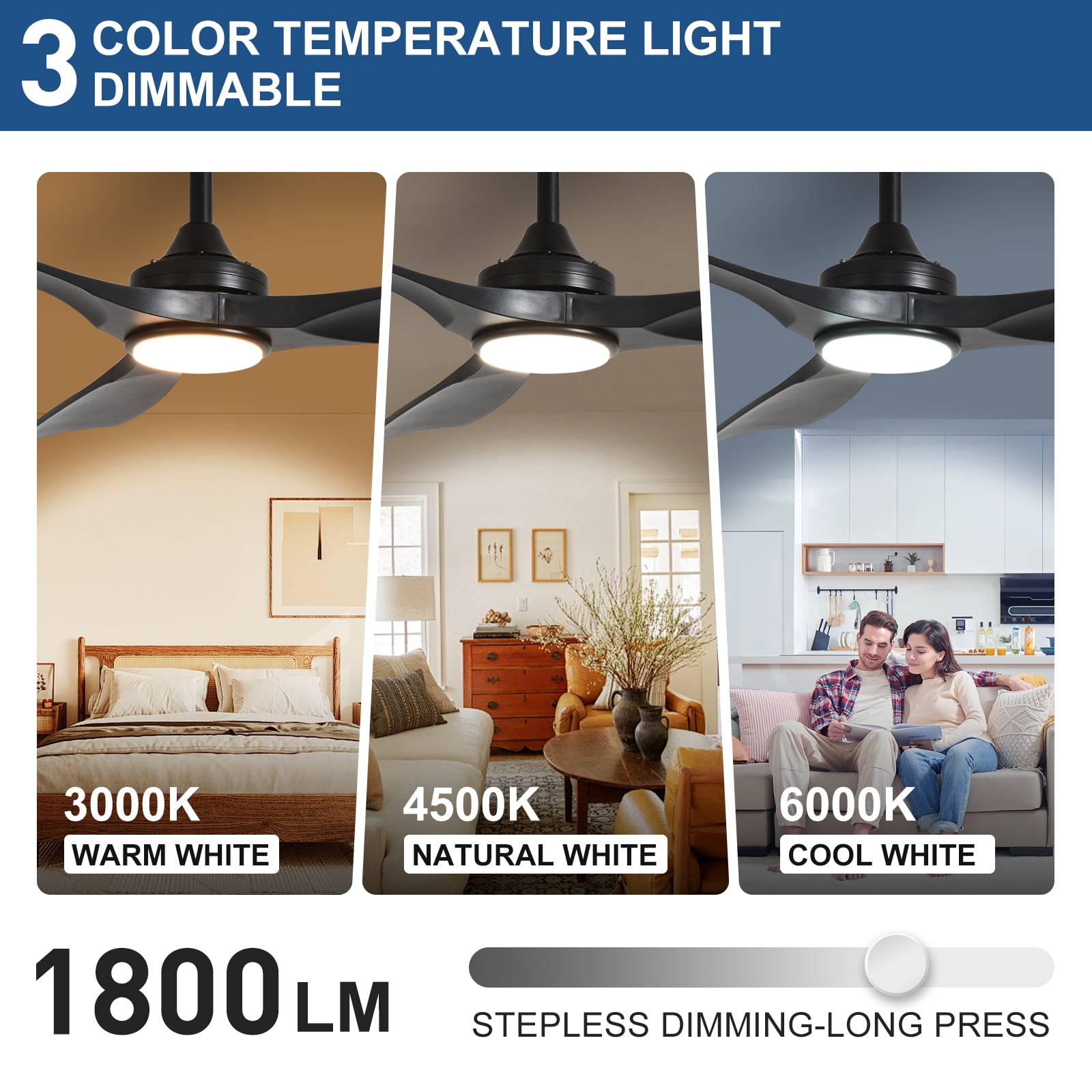 52-Inch Black Ceiling Fan with Light : Indoor/Outdoor Use Hanging Fan, Remote Control, High Efficiency with Quiet DC Motor, Timer Function