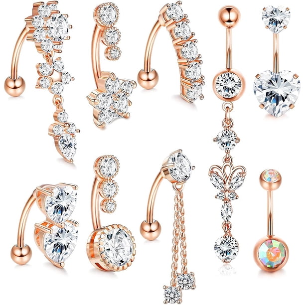 9Pcs 14G 316L Stainless Steel Dangle Belly Button Rings for Women Clear