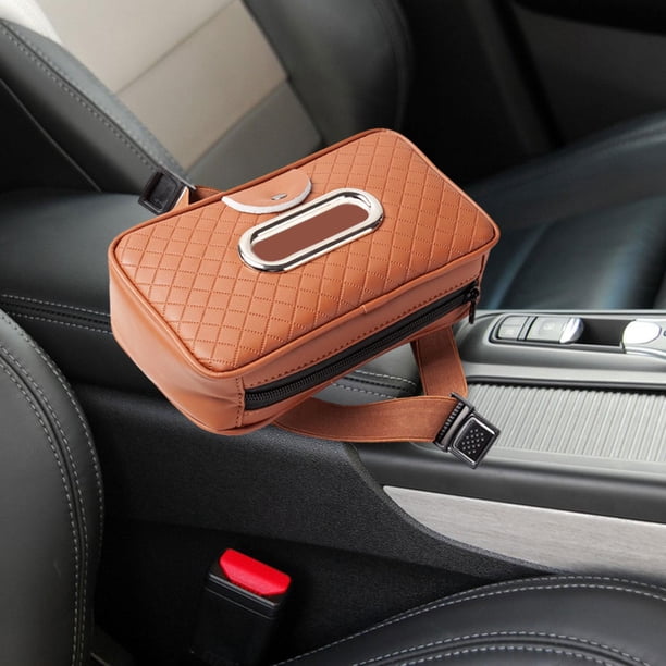 Soporte de pañuelos para reposabrazos de coche, caja de servilletas de piel sintética para el hogar y la Oficina, multiusos, ligero con correa Marrón