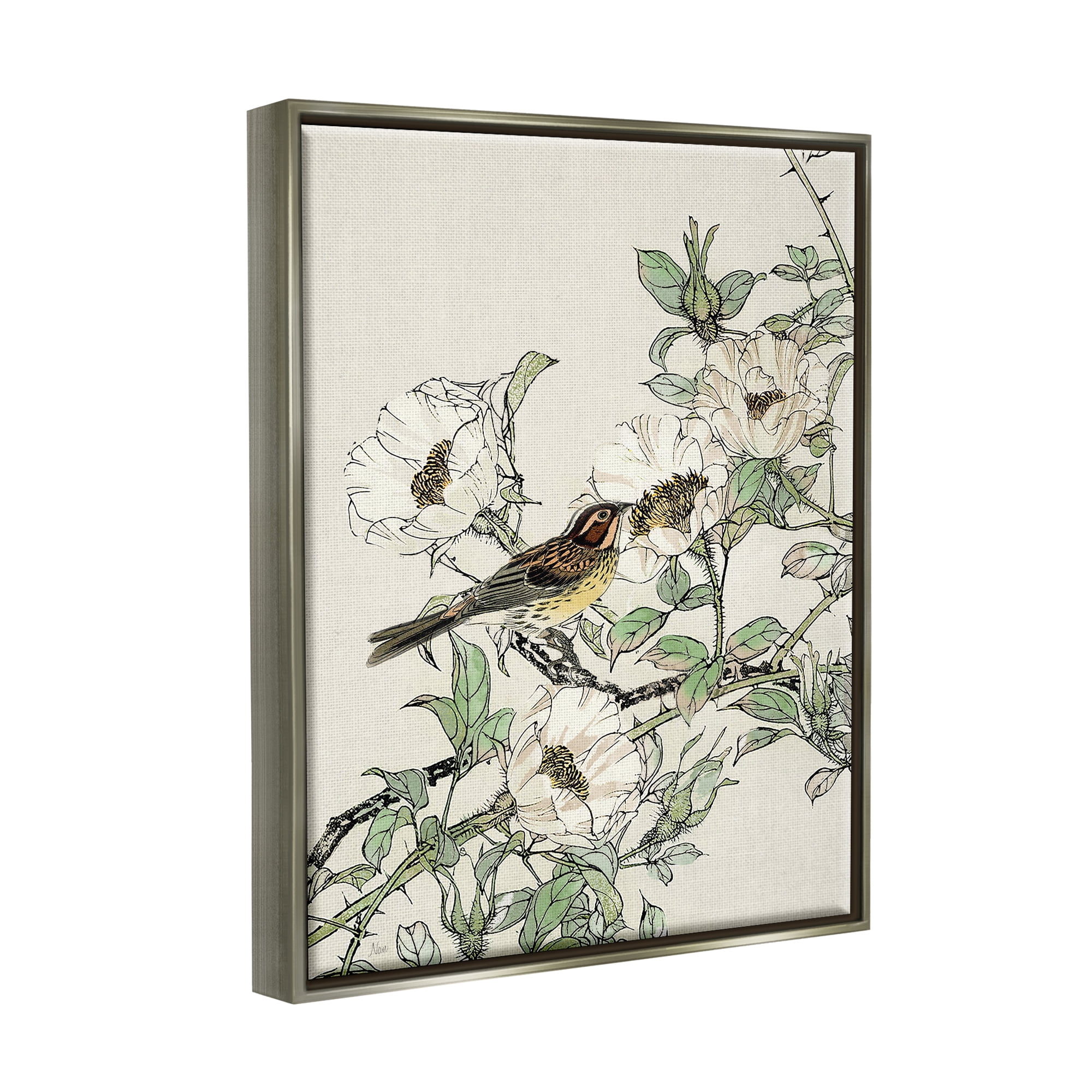 Stupell Industries Delicate Bird & Blossoms Botanical & Floral Painting Gray Floater Framed Canvas Art Print Wall Art, 25 x 31