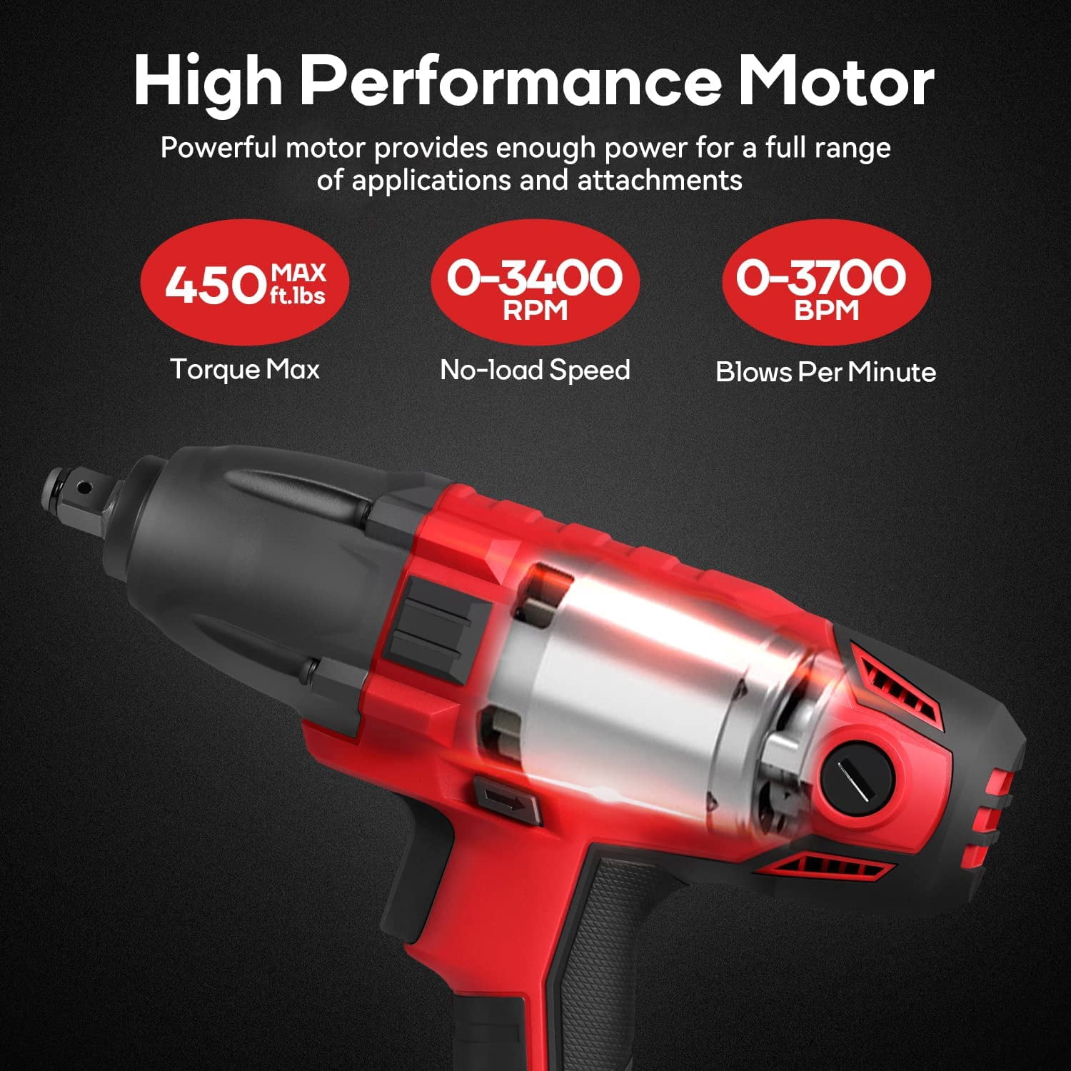 800W Electric Impact Wrench, Heavy Duty 7.5 Amp Corded Max Torque 450 Ft-lbs 3400 RPM, 1/2 Inch with Hog Ring Anvil