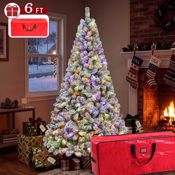 Yexmas 6FT Pre-Lit Flocked Artificial Christmas Tree, Color Changing LED Lights, Snow-Flocked PVC Branch Tips, Hinged Design, Folding Metal Stand, Bonus Storage Bag, Indoor Holiday Decoration