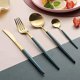 thumbnail image 3 of Juego de cubiertos de oro verde de 4 piezas, juego de cubiertos de acero inoxidable 18/10 que incluye cuchillo, tenedor, cuchara, juego de utensilios de cocina, T,11 Feliz Sencillez, 3 of 5