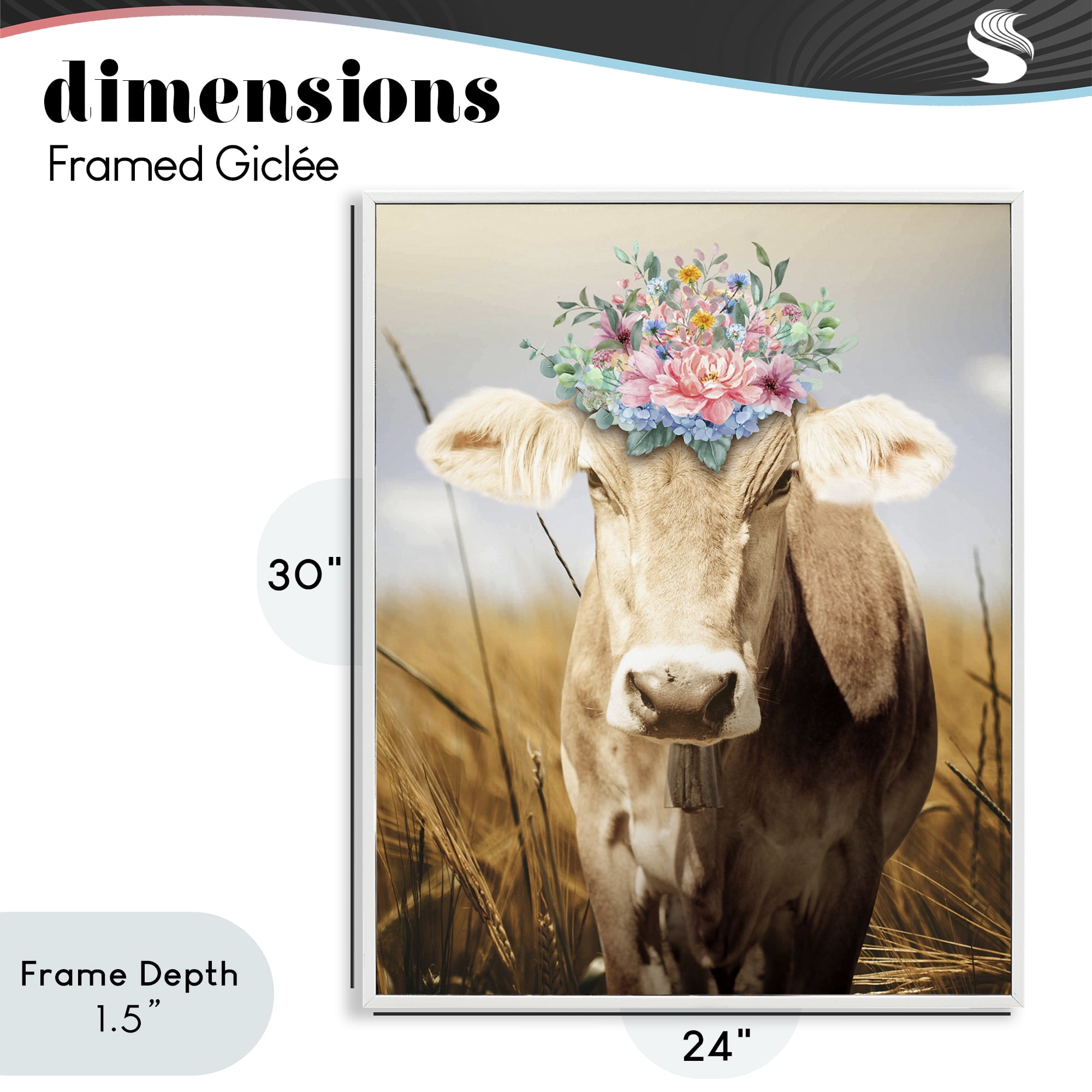 Stupell Industries Chatty Belle Cow with Florals White Framed Giclee Art, design by Marcus Prime