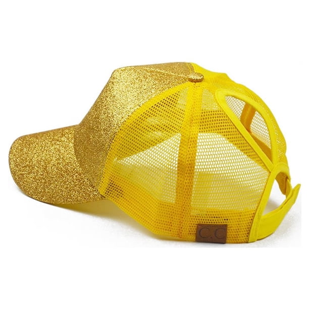 Gorra de béisbol Minnieouse de algodón para mujer ajustable con lentejuelas color amarillo