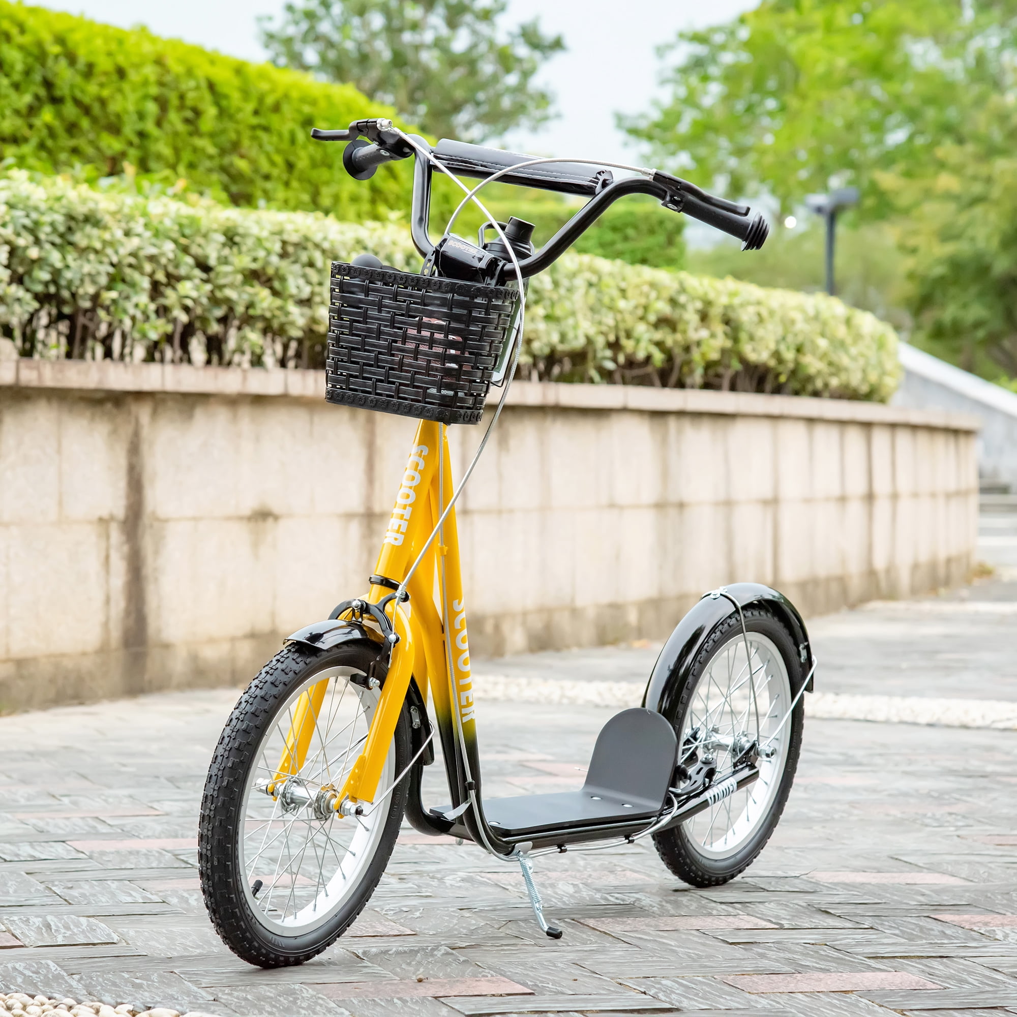 Kids Bike Aosom Youth Scooter, Kick Scooter with Adjustable Handlebars, Double Brakes, 16" Inflatable Rubber Tires, Basket, Cupholder, Orange,Boys Bike