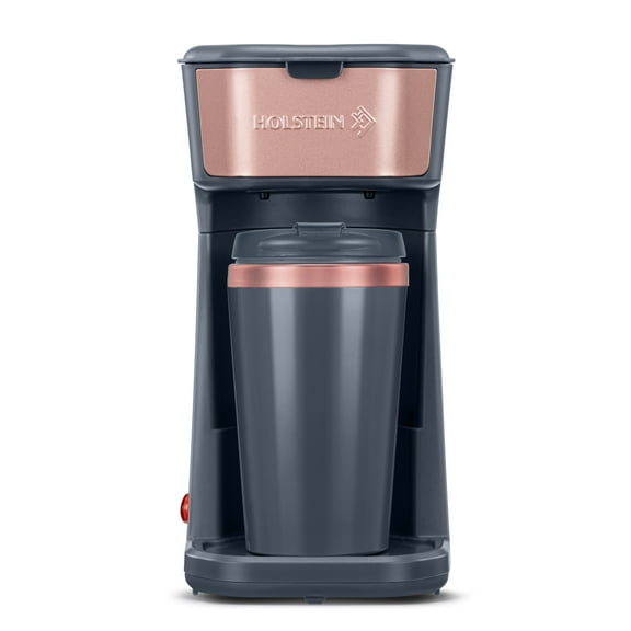 Holstein Housewares 1-Cup Dark Grey/Rose Personal Single Serve Coffee Maker Includes 14Oz. Stainless Steel Interior Thermal Travel Mug
