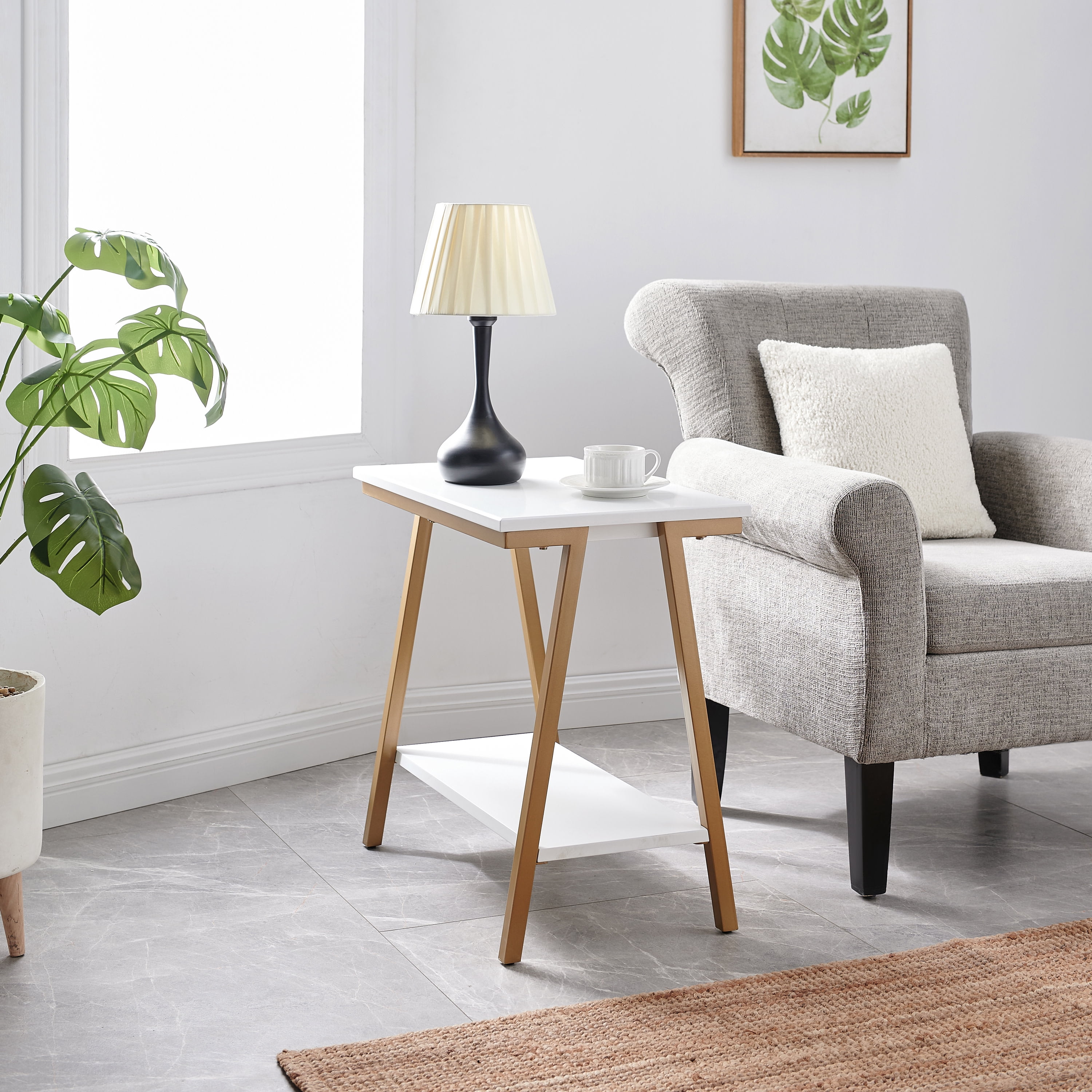 Leick Furniture Empiria Wood and Metal Narrow End Table with Shelf, White/Gold