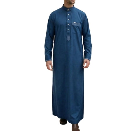 Traditional Arabic Thobe Middle Muslim Robe Men s Long Sleeve Comfortable Daily Blue XL