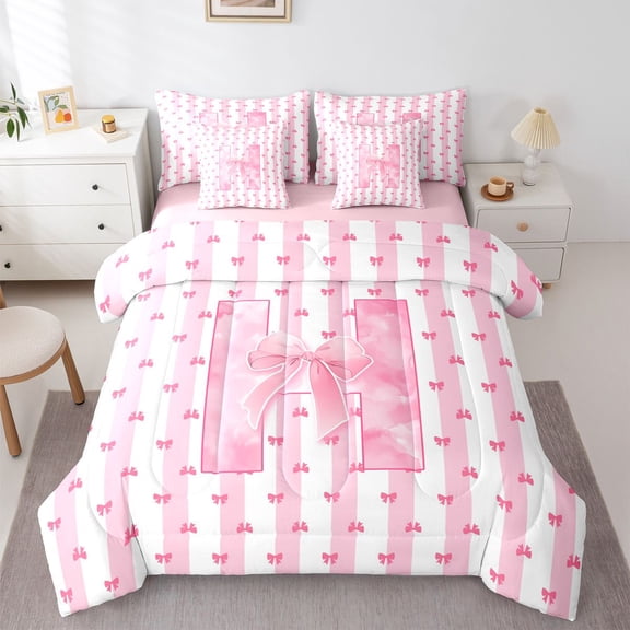 Homewish Cartoon Monogrammed H Twin Bedding Sets 7-Piece, Fashion Pink Watercolor Bedding Comforter Set, Teens Kids Girls Women Reversible Sheet Sets, Lightweight Room Decor