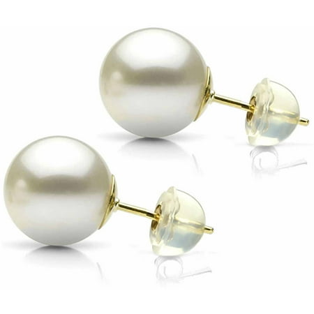 9-10mm White Perfect Round High-Luster Freshwater Pearl 14kt Yellow Gold Stud Earrings