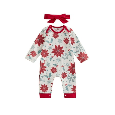 

Bagilaanoe Newborn Baby Girl Boy Christmas Jumpsuit Letter/Snowflake Print Long Sleeve Bodysuit + Hat/Headband 6M 12M 18M 24M Infant One Piece Romper