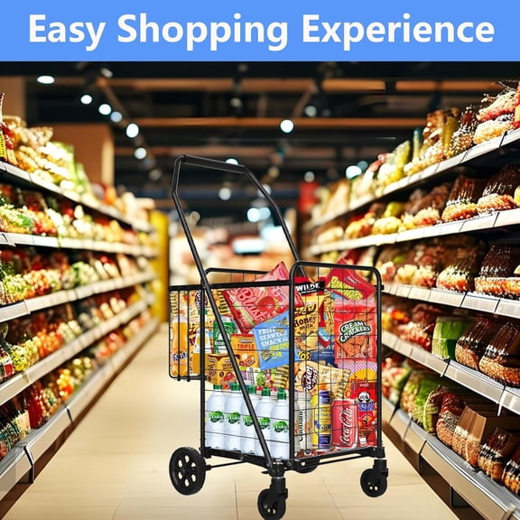 Heavy-Duty Folding Shopping Cart with Waterproof Liner & 360 °   Swivel Wheels - Collapsible Grocery Cart for Laundry, Shopping, and Travel
