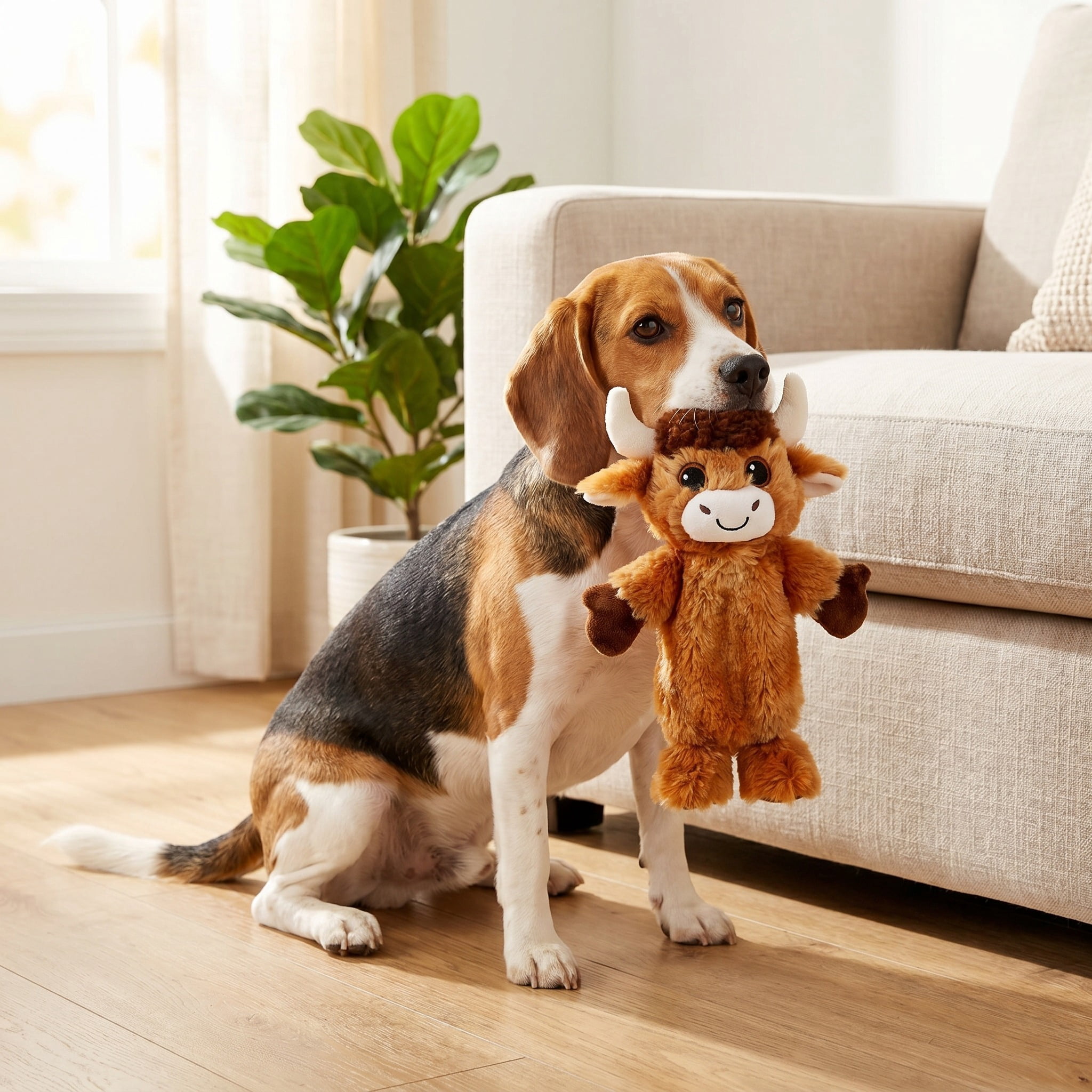 Vibrant Life Brown Longhorn Plush Dog Toy with Crinkle and Squeaker, Chew Level 2