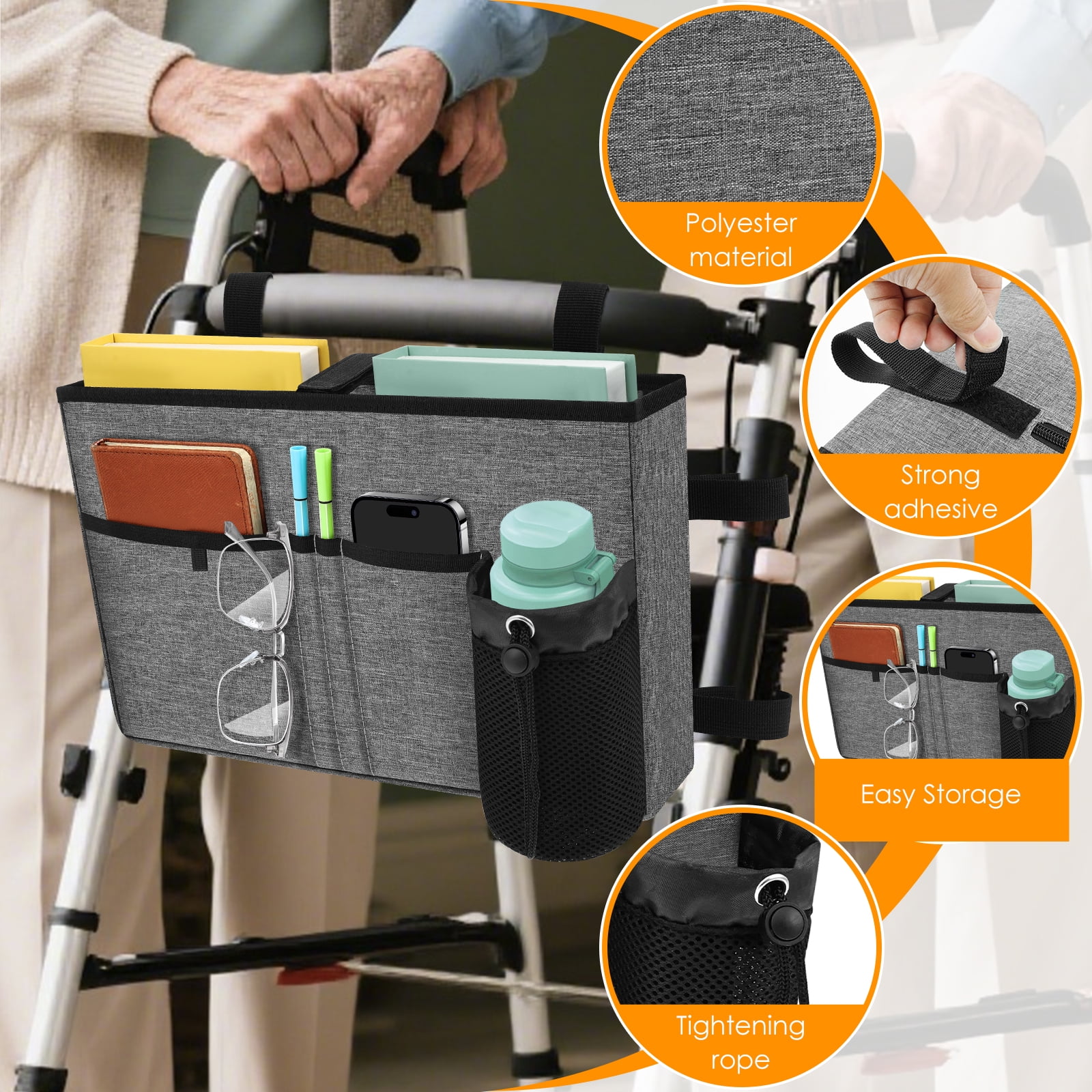 Walker Bag Multi Pockets Walker Basket with Cup Holder Foldable with Large Capacity & Never Tipping Over- for Seniors Elderly