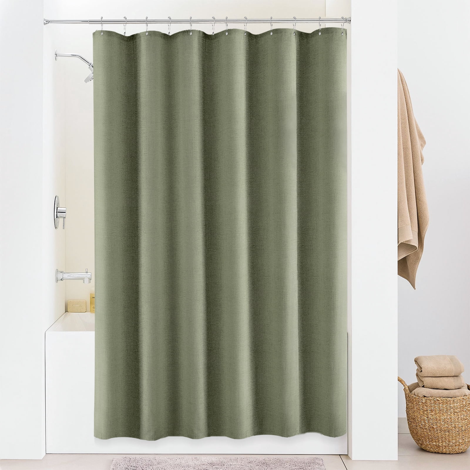 NixiYa Green Linen Shower Curtain Farmhouse Heavy Duty Fabric Shower Curtain for Bathroom,72"x72"