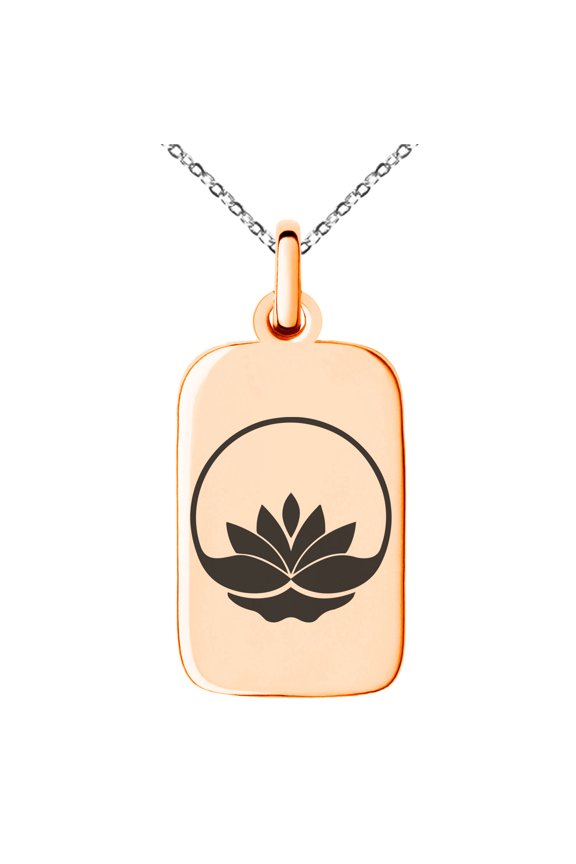 Stainless Steel Lotus Zen Engraved Small Rectangle Dog Tag Charm Pendant Necklace
