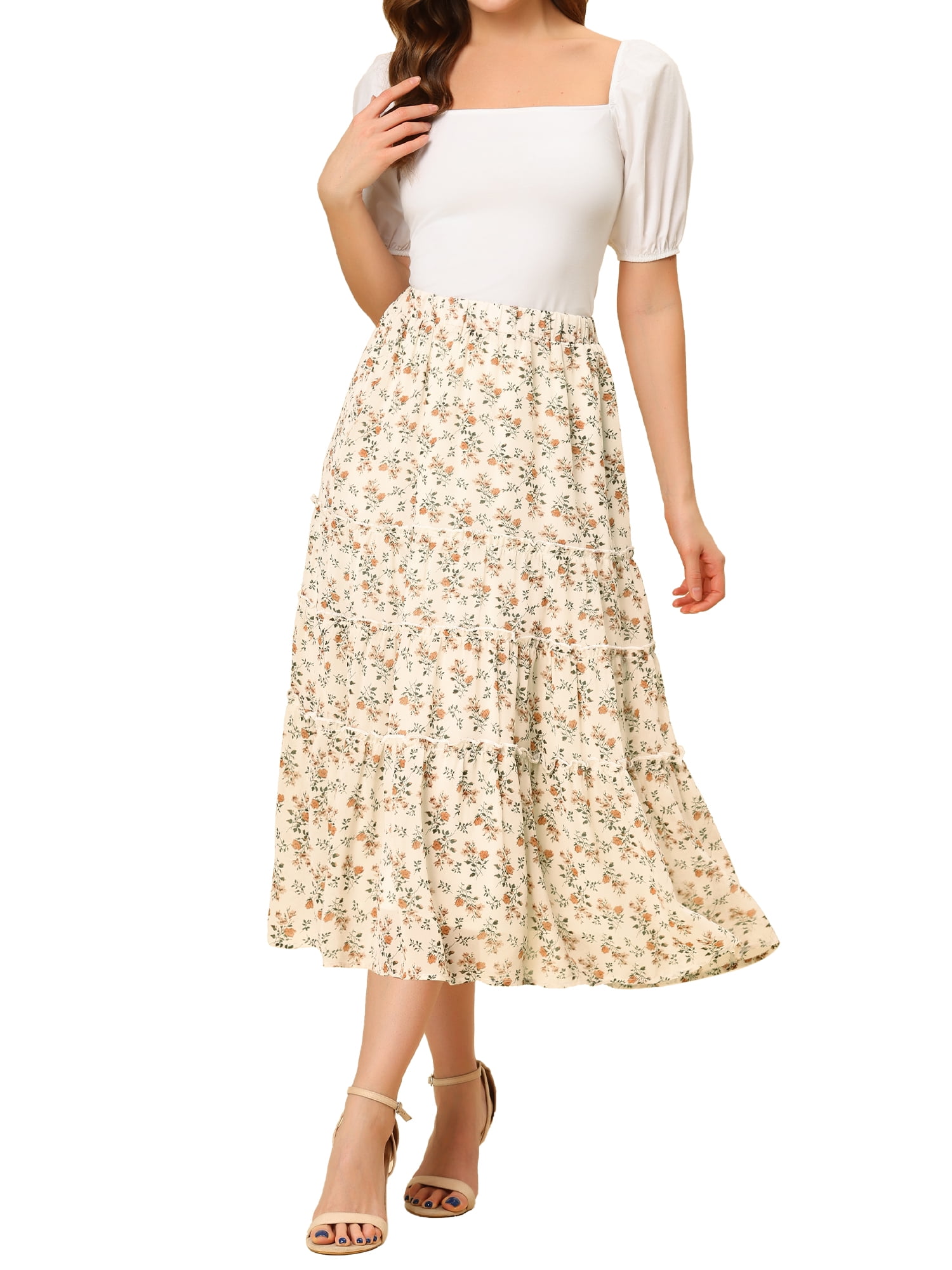 DARING DIVA Women's Chiffon Tiered A-Line Maxi Skirt S White A