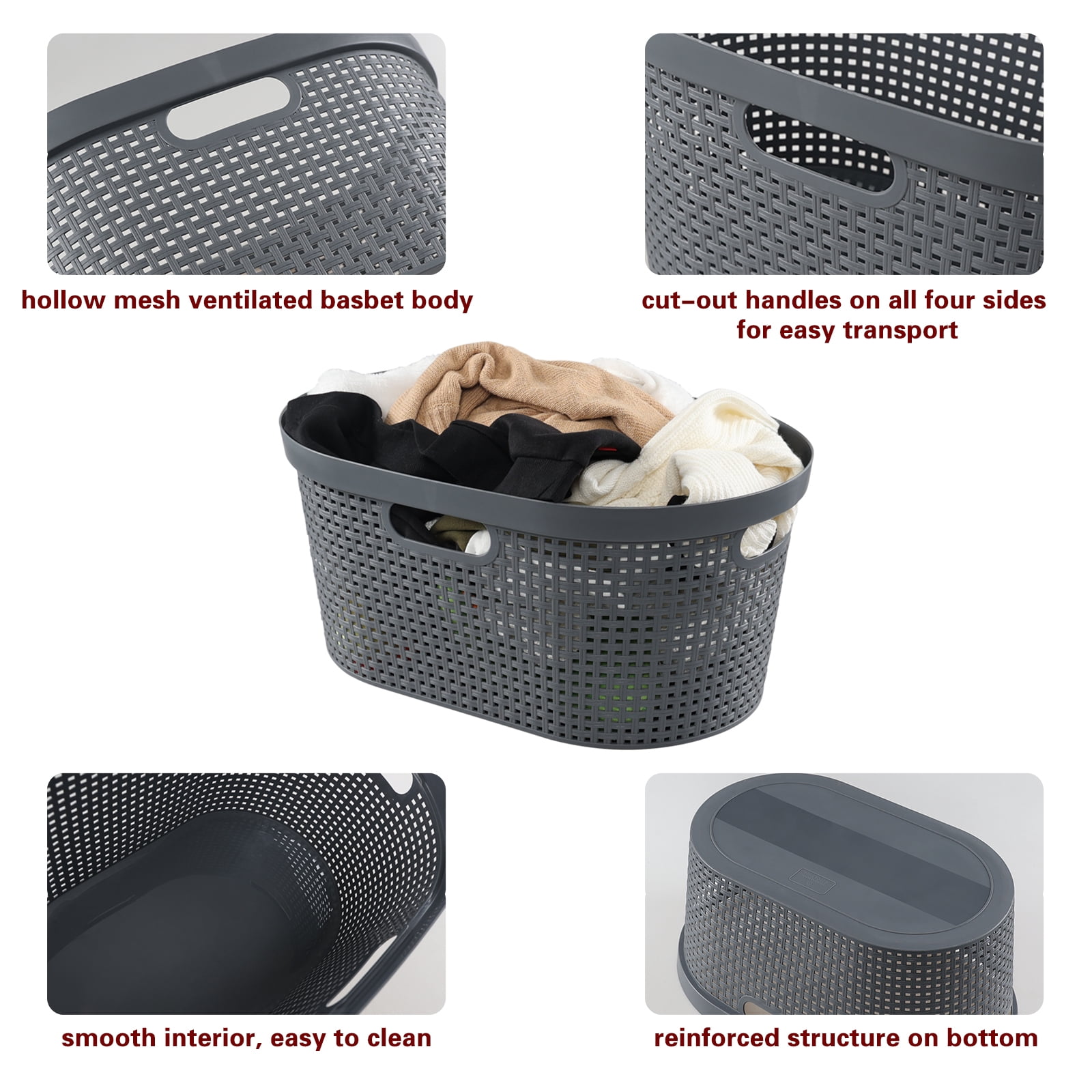 Saedy 40 L Plastic Laundry Storage Basket, 4-Pack Large Laundry Hamper, Gray