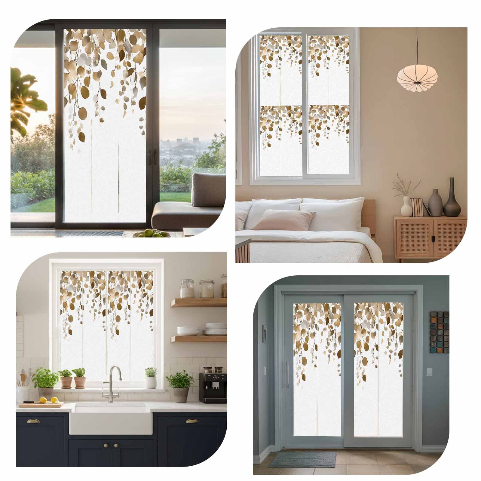 Brown Eucalyptus Leaves Window Privacy Film, Summer Watercolor Leaf Static Cling UV Sun Blocking Tint Film Heat Control Windows Films for Bedroom Bathroom, Window Stickers 29.5"x78.7"