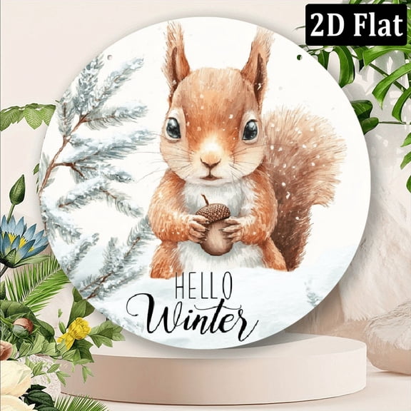 2D Flat Vintage Winter Signs Squirrel Hello Winter Round Tin Sign Funny Winter Metal Signs Rustic Wall Decor for Front Door Farmhouse Home Kitchen Yard Outdoor Gate 8 Inch