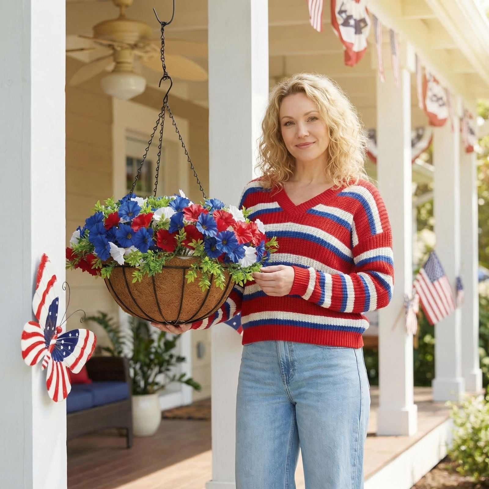 4th of July Hanging Flower Basket with Artificial Flowers, Patriotic Red White Blue Faux Hanging Planter for Porch Garden Patio Balcony Independence Day Home Decor 250th Anniversary Decorations