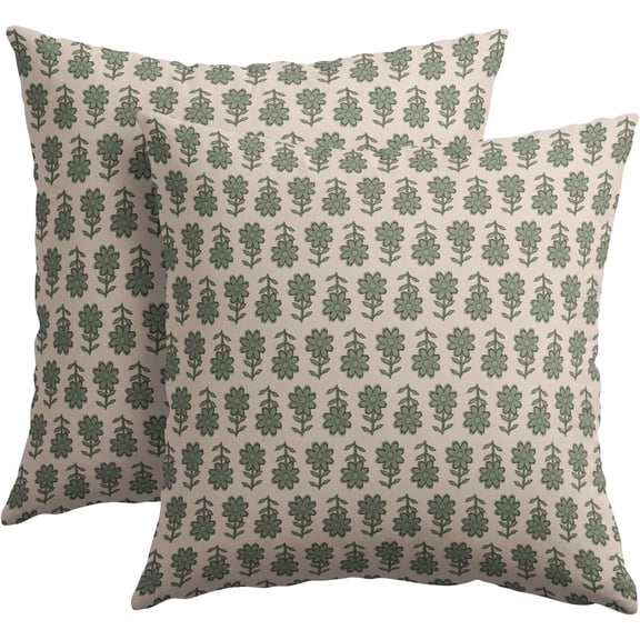 Vintage Floral Pillow Covers 18x18 Inch Set of 2 Green Small Flower Block Print Outdoor Throw Pillows Neutral Pillowcases Rustic Square Cushion Covers for Couch Home Decor