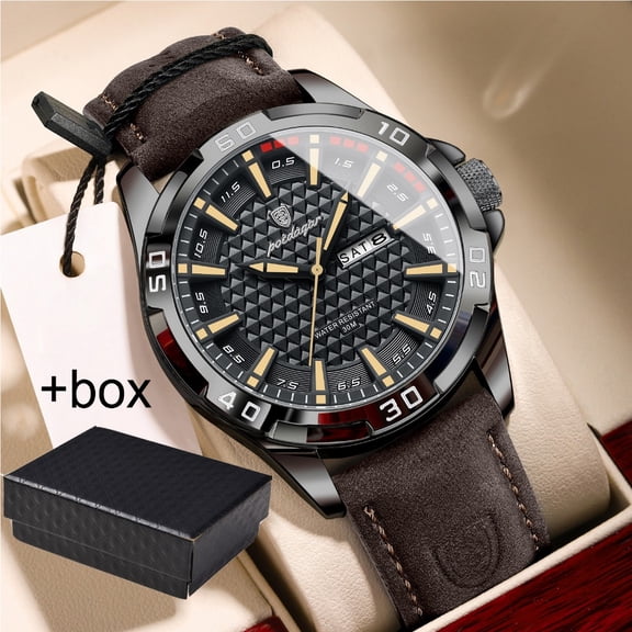 POEDAGAR Mens Sport Leather Quartz Watch Luminous Hands Date Week Display Waterproof Casual Daily Wristwatch For Men