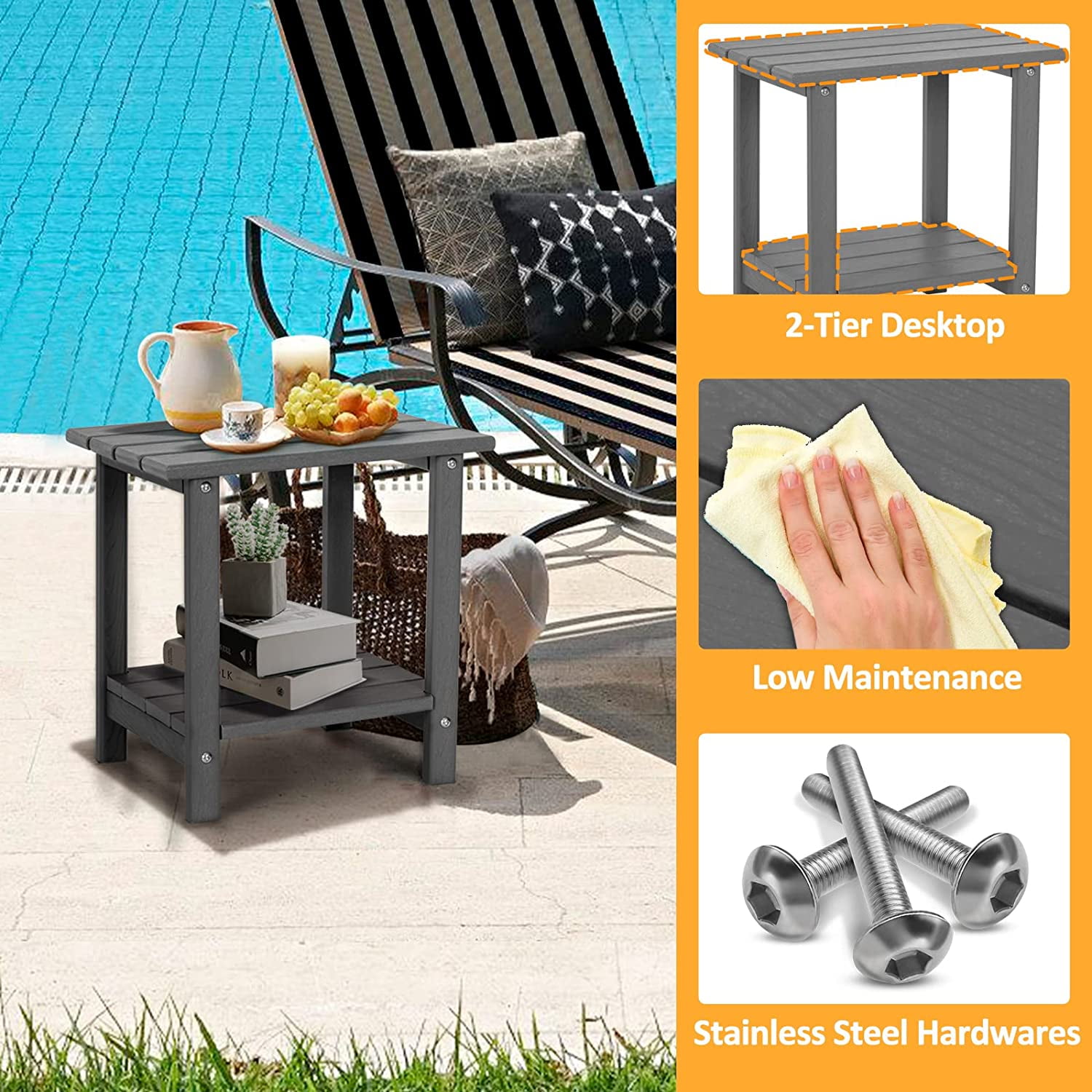 Nalone 2-Tier Outdoor Side Table, HDPE All Weather Adirondack Patio End Table, Outside End Table for Indoor Living Room Bedroom Porch Backyard, Gray