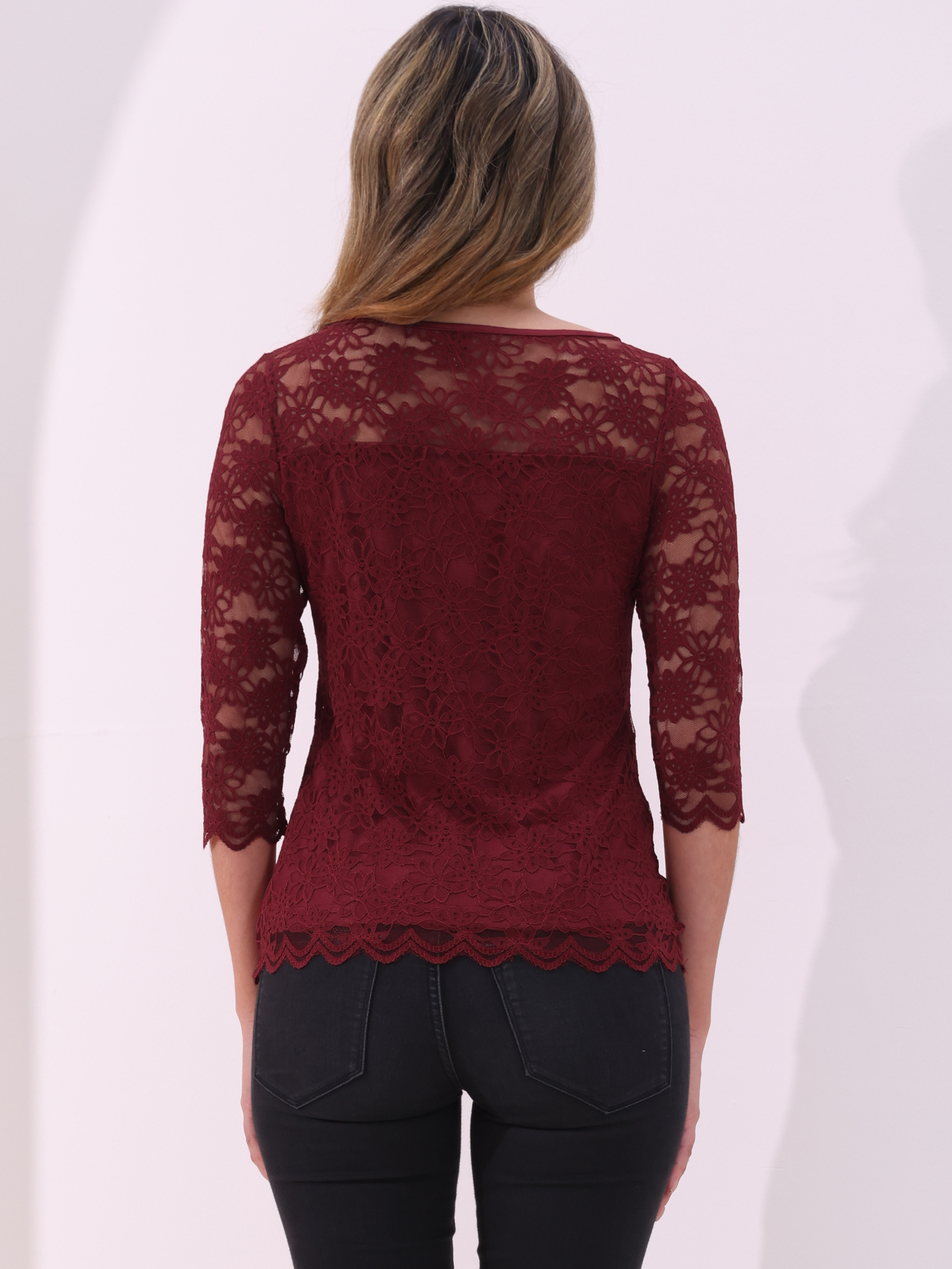 DARING DIVA Women's 3/4 Sleeve Crew Neck Floral Lace Tops S Dark Red